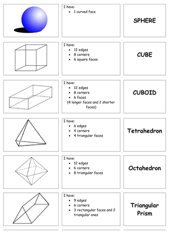 Properties of 3D shapes, faces, edges and vertices (card matchup) | Teaching Resources
