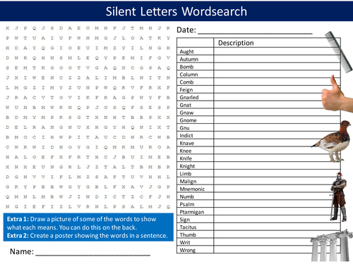 Silent Letters Wordsearch English Spelling Starter Settler Activity Homework Cover Lesson