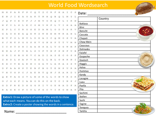 World Food Wordsearch Food Technology Starter Settler Activity Homework Cover Lesson