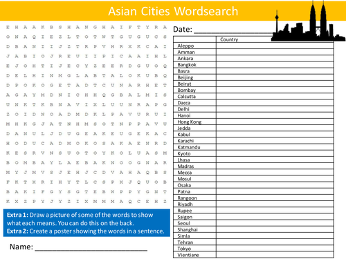 Asian Cities Wordsearch Geography Countries Starter Settler Activity Homework Cover Lesson