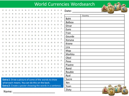 World Currencies Wordsearch Finance Money Starter Settler Activity Homework Cover Lesson