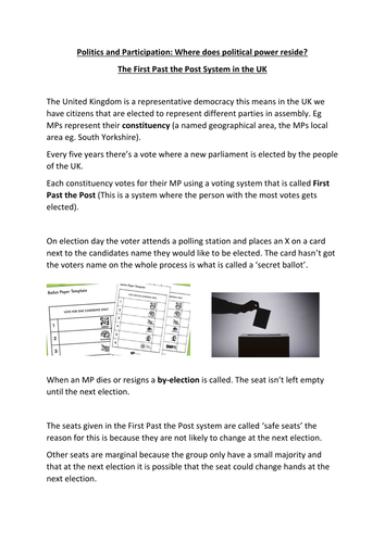 Politics and Participation AQA 9-1 First Past The Post Voting. Worksheet