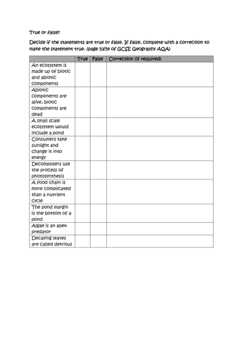 True/false knowledge check/ low consequence tests for AQA GCSE new spec on ecosystems/hot deserts