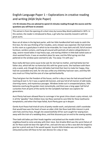 Language Paper 1 Fiction Paper (AQA style) based on Eight Cousins by Louisa May Alcott