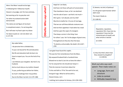 Othello Quotation Sheet