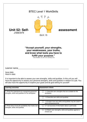 BTEC WorkSkills Level 1 Unit 52 Self-assessment