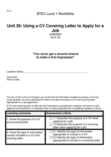 BTEC WorkSkills Using a CV & Covering Letter to Apply for a Job Level 1 Unit 26
