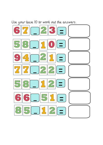 Base 10 Subtraction 2 Digit - 2 Digit Numbers