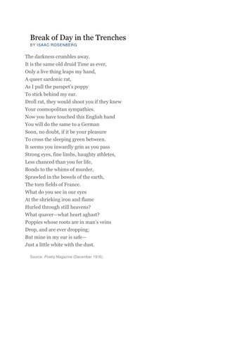 Break Of Day In The Trenches Rosenberg S Poem And His Historical Timeline Teaching Resources