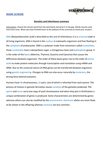 DNA and Inheritance cloze gap fill
