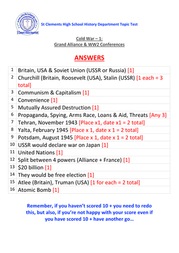 Cold War Topic Test with answers - Grand Alliance & WW2 Conferences (Editable)