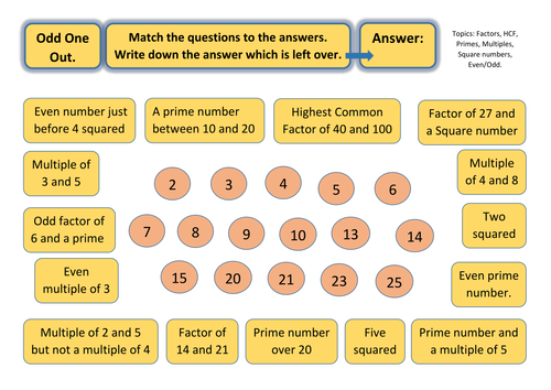 Odd One Out Worksheet - Prime numbers, multiples, squares, factors