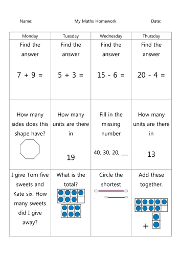 Year 2 homework maths picture