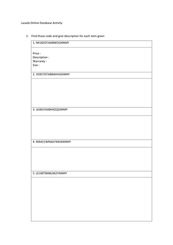 Lazada Online Database Worksheet