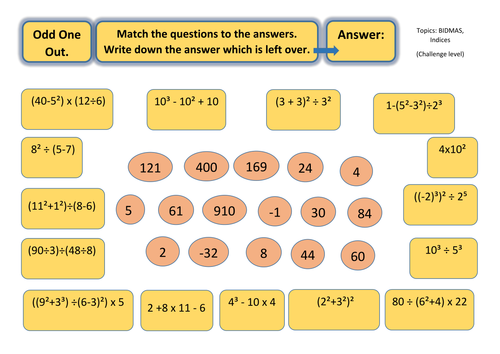 Odd One Out Puzzle Worksheet BIDMAS (challenging)