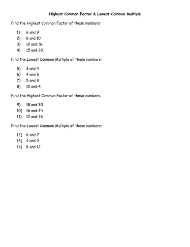 Highest common factor and lowest common multiple worksheet