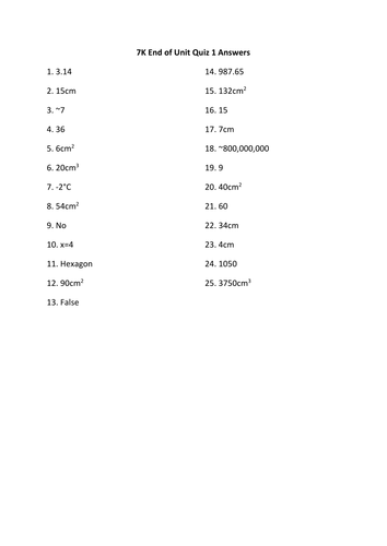 Year 7 Revision Quiz (End of half term 1)