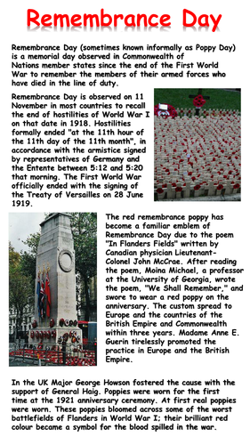 Remembrance Day Reading Comprehension