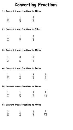 Converting Fractions Worksheet