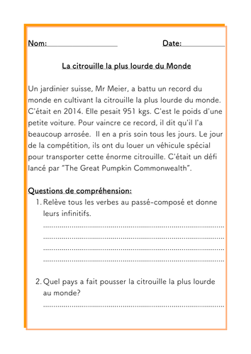 French Halloween reading comprehension about the World's heaviest ...