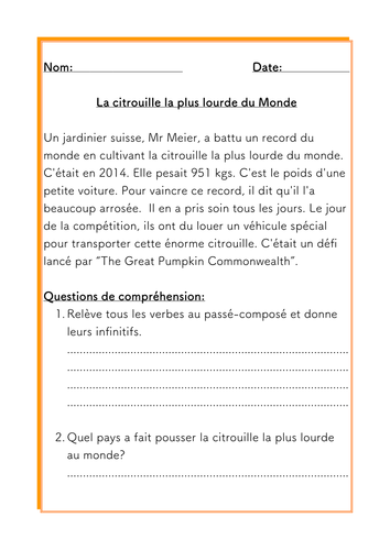 French Halloween reading comprehension about the World's heaviest pumpkin