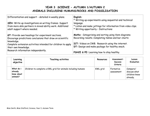 Year 3 Science, Animals including Humans and Rocks and Soils