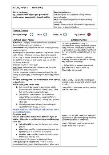 KS3 and 4 Rugby Union Kicking Lesson - graded outstanding | Teaching ...