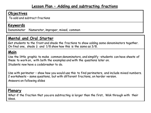 Complete Lesson - Adding And Subtracting Fractions | Teaching Resources