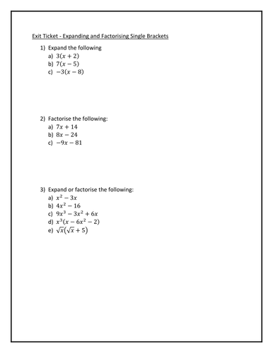 Exit Ticket - Expanding and Factorising Single Brackets