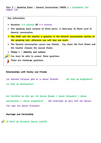 German GCSE Speaking -  General Conversation - Theme 1-  Differentiated Questions and answers