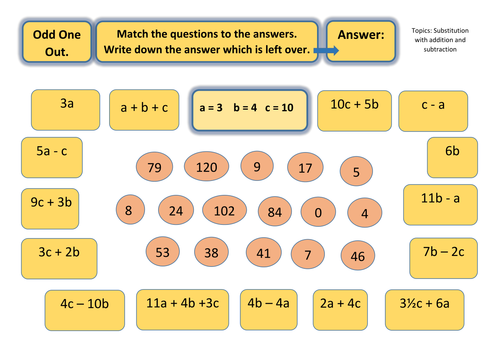 odd one out puzzle worksheet algebra substitution with adding and subtracting teaching resources