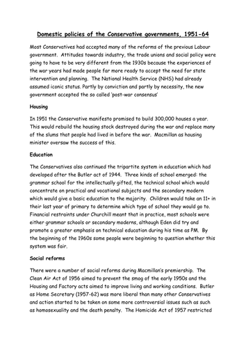 AQA A level Modern Britain 1951-2007, post war consensus