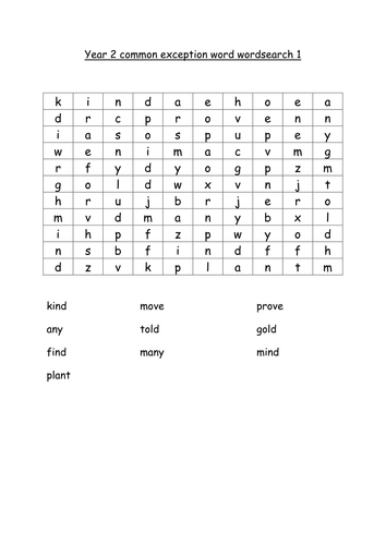 Year 2 common exception word wordsearch