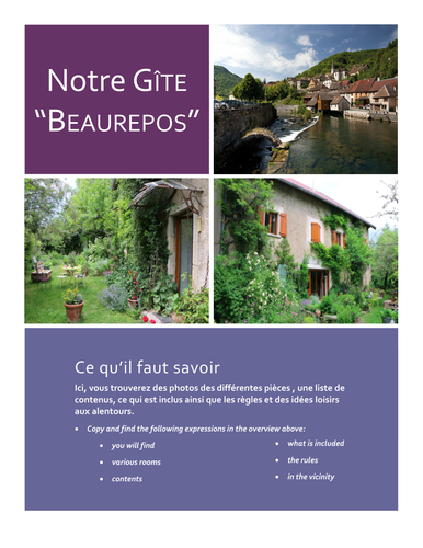 Reading resource with incorporated worksheet -  Gîte "Beaurepos"