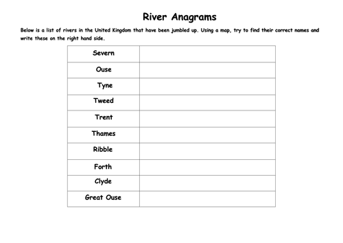 Rivers Anagram Activity