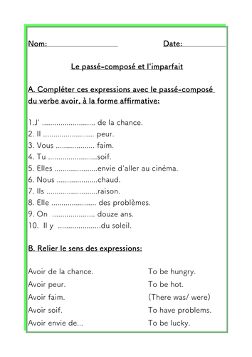 french worksheets to practice past tenses vocabulary with avoir etre teaching resources