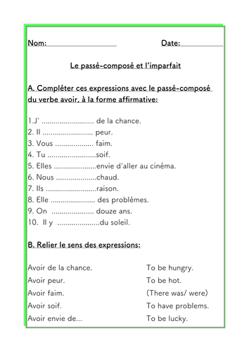 French Worksheets to Practice Past Tenses & vocabulary with Avoir & Être