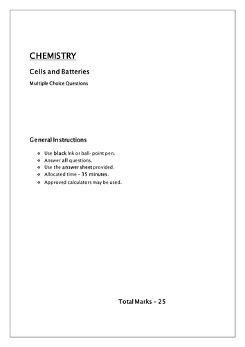 Chemistry MCQ cells and batteries