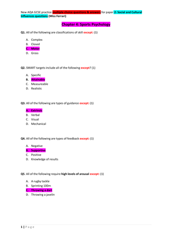 AQA GCSE PE (9-1) Paper 2 - over 50 multiple choice questions and answers