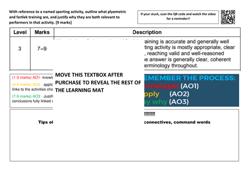 AQA GCSE PE (9-1) Learning mat - structuring 9 mark answers - physical training