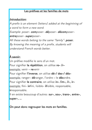 French- Prefixes and Families of words