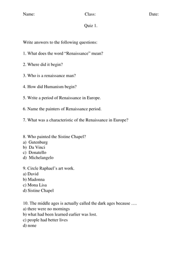 Quiz about Renaissance period | Teaching Resources