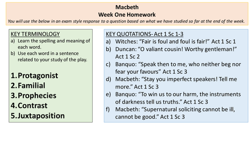 Macbeth weekly quotations and key terms homework tasks