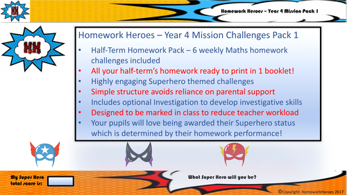 Homework Heroes - Year 4 Mission Pack 1  (Half-Term Maths Homework Pack)