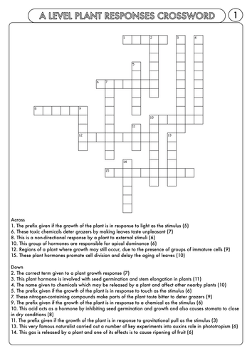 A Level Biology: Crossword Pack on Plant and Animal Responses