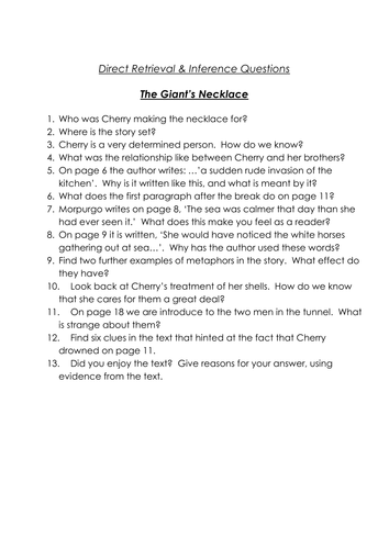 The Giant S Necklace Comprehension Questions Year 5 6 Teaching Resources