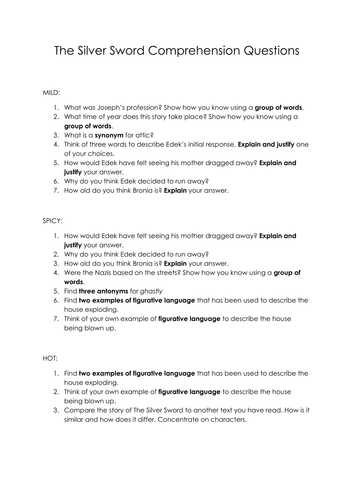 The Silver Sword Comprehension Questions Differentiated Year 5/6