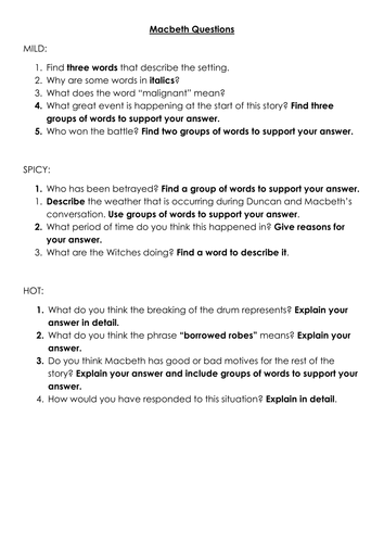 Macbeth Opening Scene Comprehension Questions Differentiated