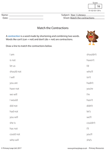 Match the Contractions - English Resource