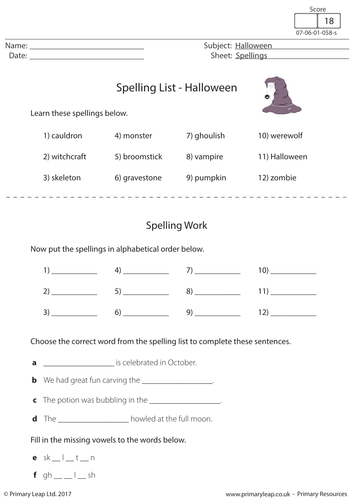 Spelling Worksheet - Halloween Theme